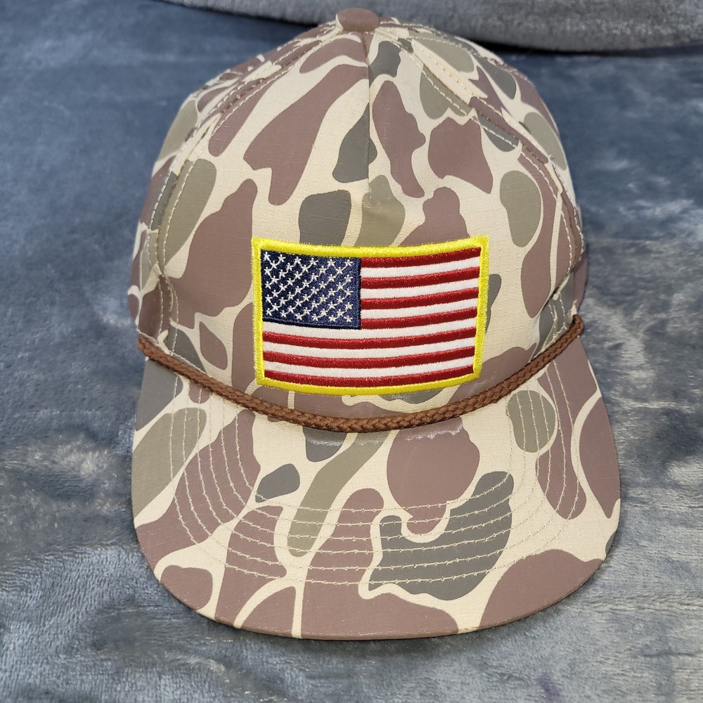 Burlebo Duck Camo American Flag Patch Rope Snapback Hat Mens Hunting Cap Tan